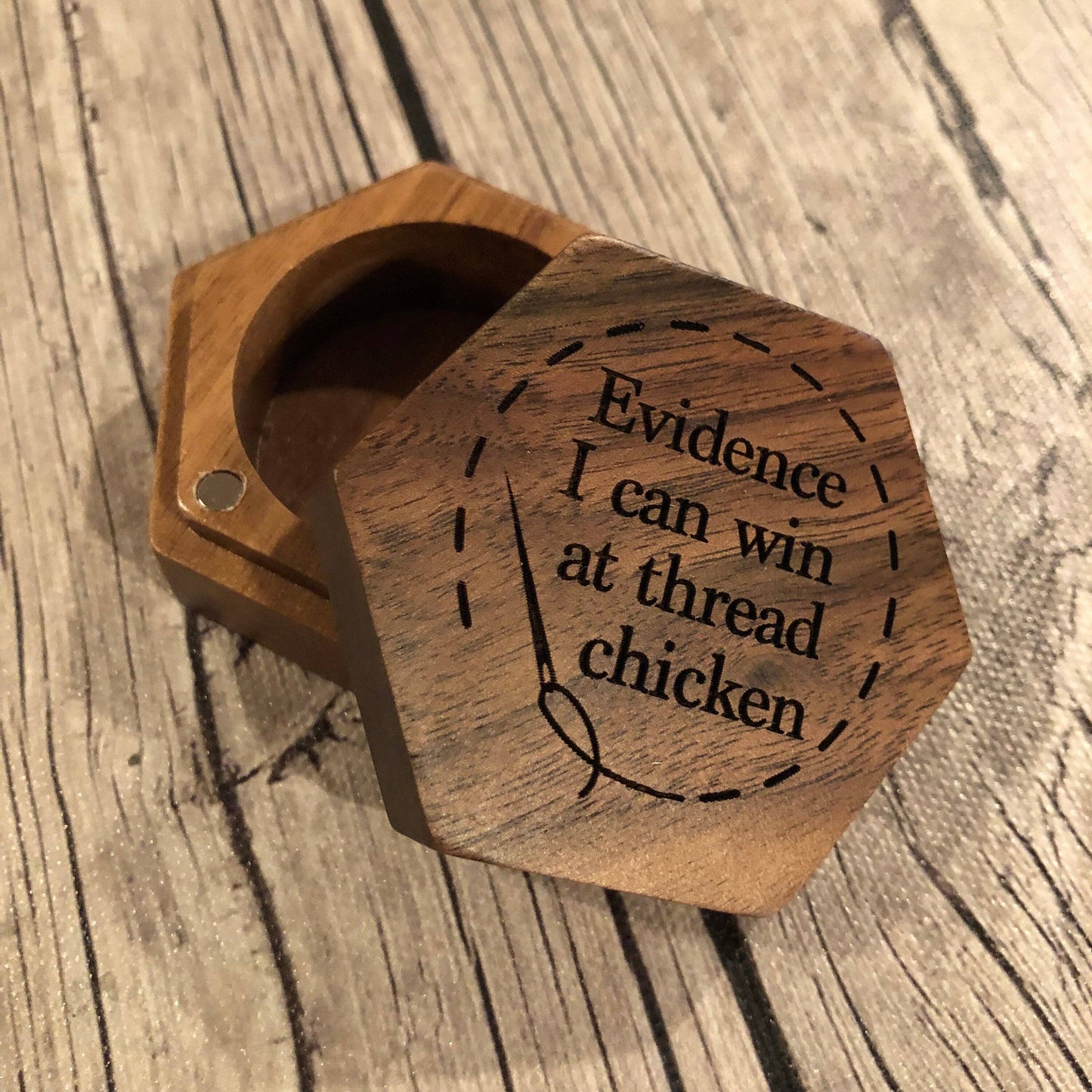 engraved wooden ORT box, Thread Chicken