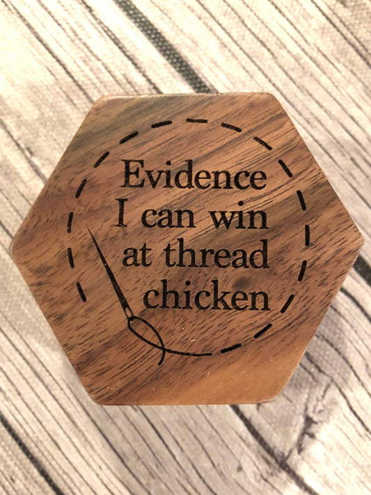 engraved wooden ORT box, Thread Chicken