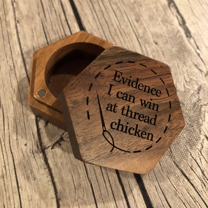 engraved wooden ORT box, Thread Chicken