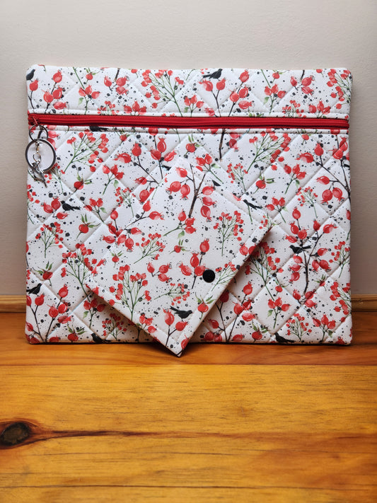 project bag with quilted front with thread bed - berries and black birds