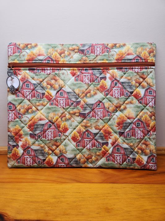 project bag with quilted front - red barn with pumpkins